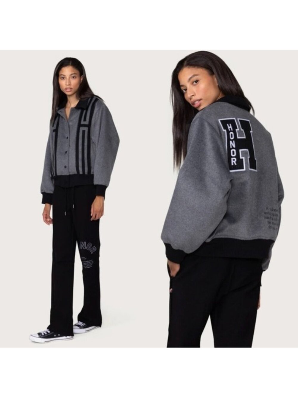 NEW Honor The Gift Prep School Bomber Varsity Jacket M Gray Patch Wool